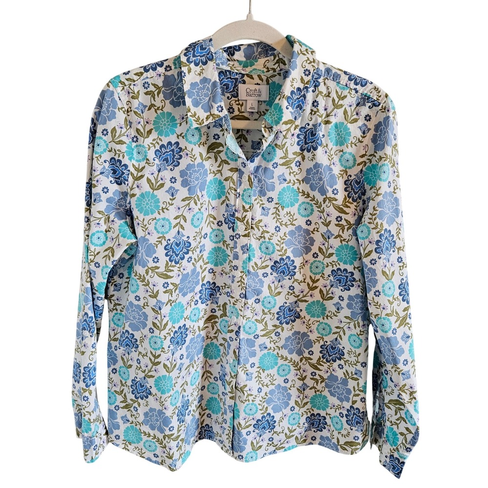 Croft & Barrow Womens Blue Green Floral Button Down Shirt Long Sleeve Large